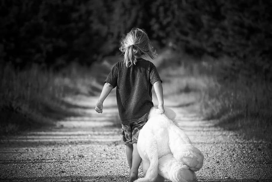 grayscale photo, girl, wearing, t-shirt, holding, teddy, bear, boy, walking, teddy bear