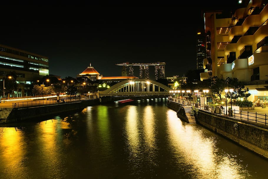 Hong Kong Singapur, noche, Hong Kong, Singapur, río, puente - Estructura artificial, iluminada, arquitectura, escena urbana, paisaje urbano