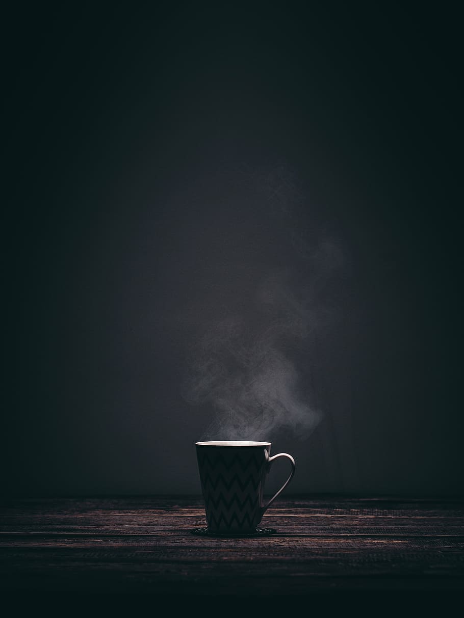 black, gray, chevron coffee mug, ceramic, mug, brown, surface, cup, steaming, smoke