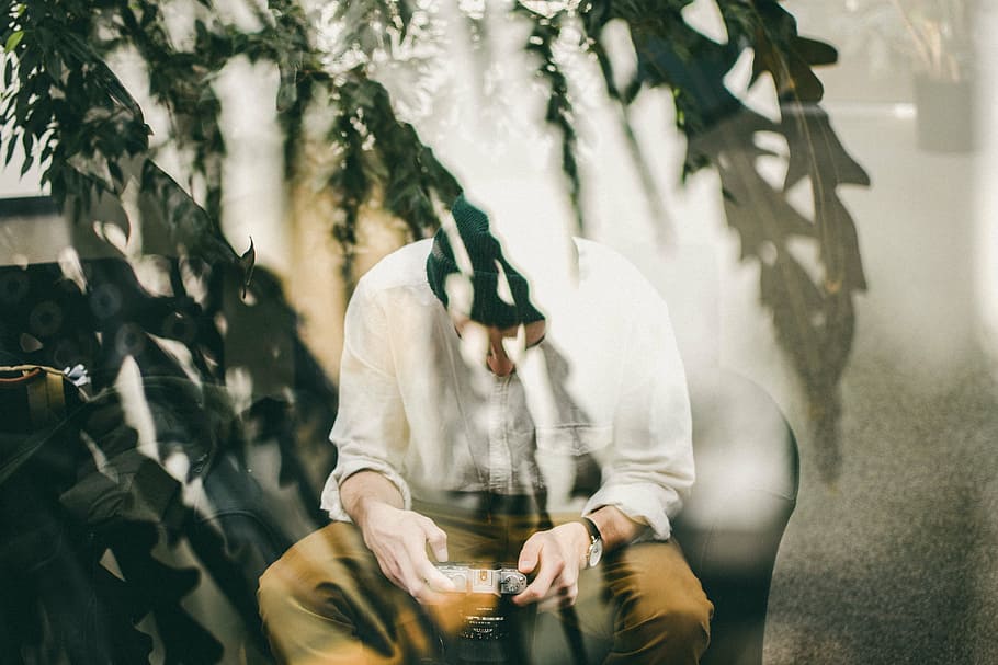 man, sitting, chair, people, camera, lens, photography, photographer, double exposure, leaves