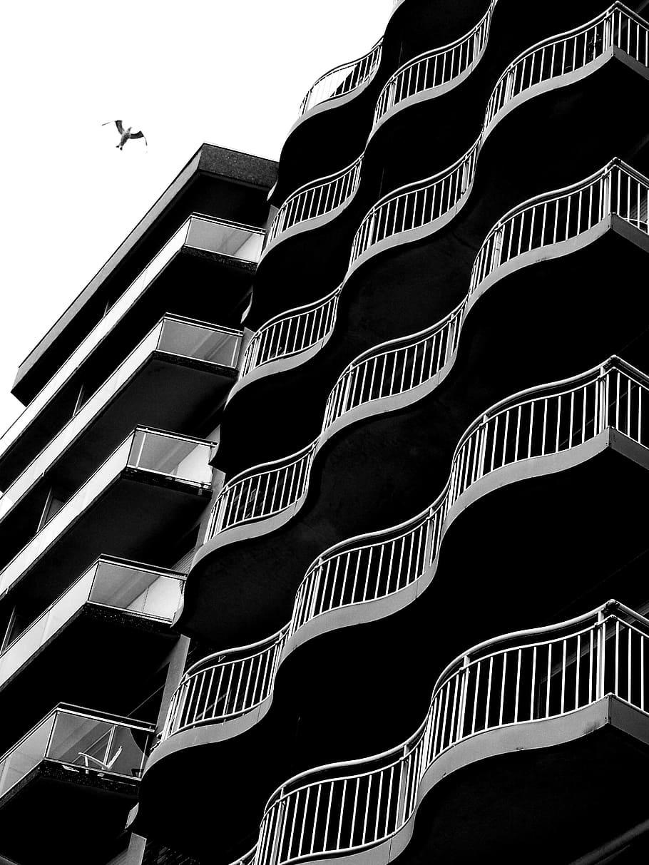 building, black and white, architecture, city, facade, modern, balcony, real estate, structure, sky