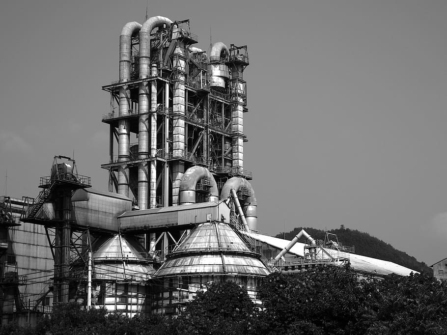 grayscale photo, building, surrounded, trees, factory, pipe, japan, steam, machine, engine