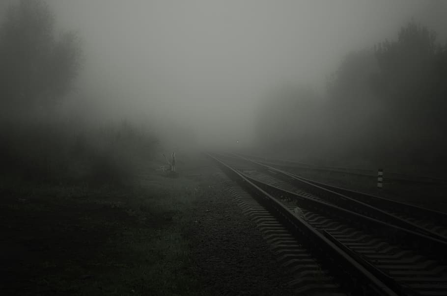 train railways, covered, white, clouds, fog, road, rails, sleepers ...