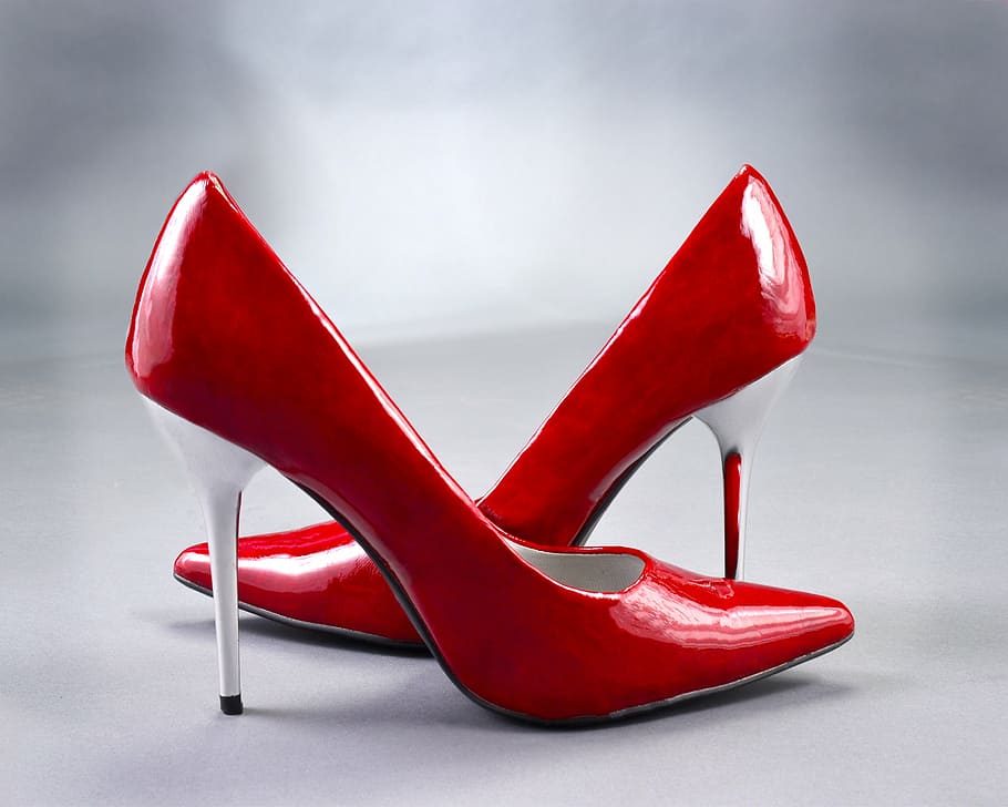 closeup, red-and-white, leather stiletto shoes, high heels, pumps, red, ladies shoes, pair, fashion, footwear