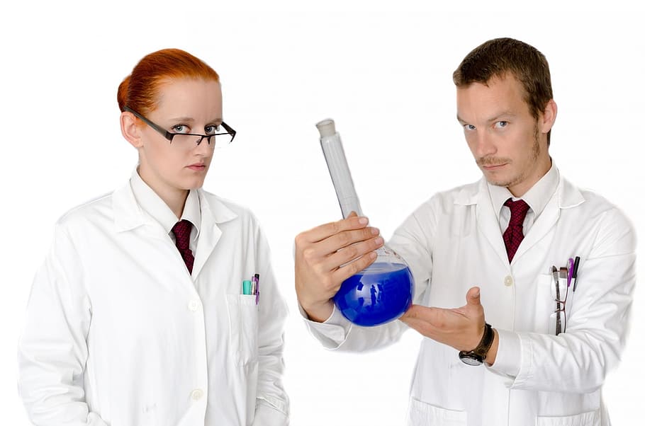 man, holding, clear, glass, liquid, woman, coat, people, laboratory, lab