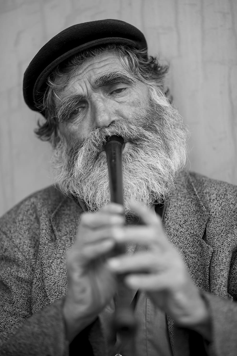 greyscale photo, bearded, man, playing, flute, old, male, beard, music, kaval