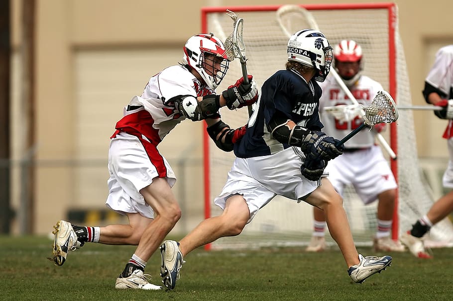 lacrosse, lax, sports, stick, competition, field, game, blue, athlete, helmet