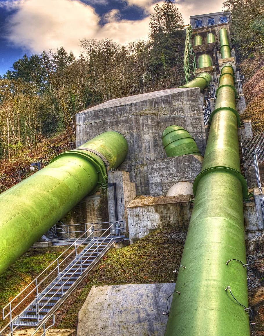 power plant feed pipes, dam, electrical, power, generator, outdoors, unique, green, landscape, electric