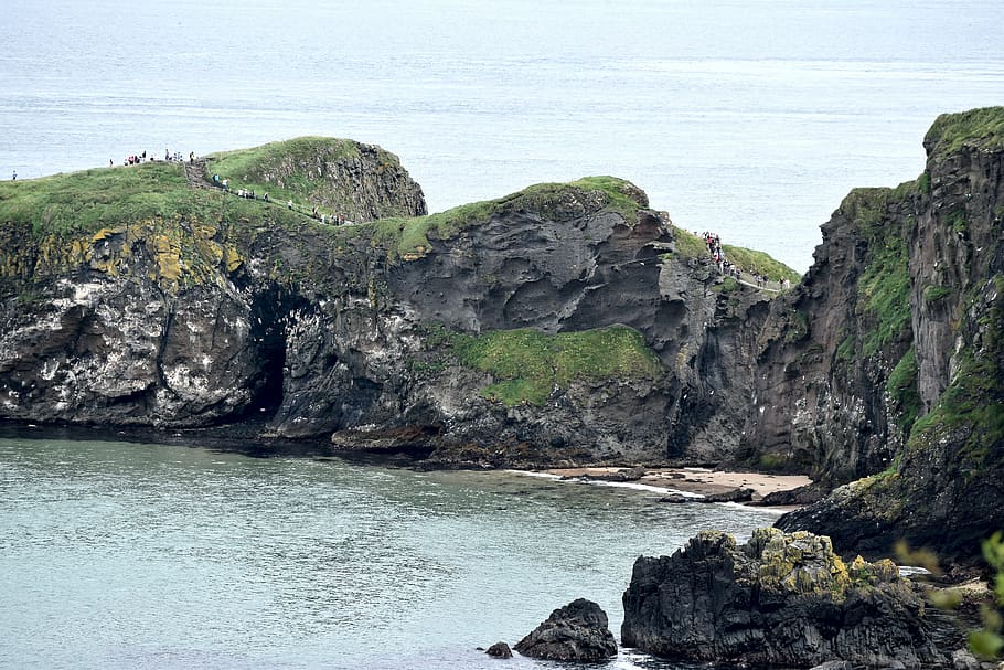 cliffs, carrick-a-rede, rope bridge, tourism, antrim, ireland, water, rock, sea, rock - object