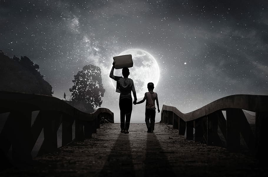 person, holding, hand, child, carrying, box, digital, wallpaper, moon, children