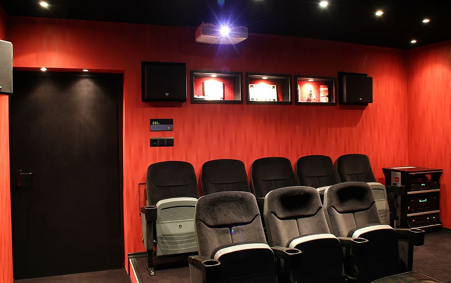 black, gang chairs, closed, wooden, door, inside, room, home theater, film, cinema chair