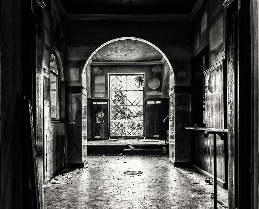 grayscale photo, hallway, inside, closed, room, lost places, pforphoto, decay, leave, old