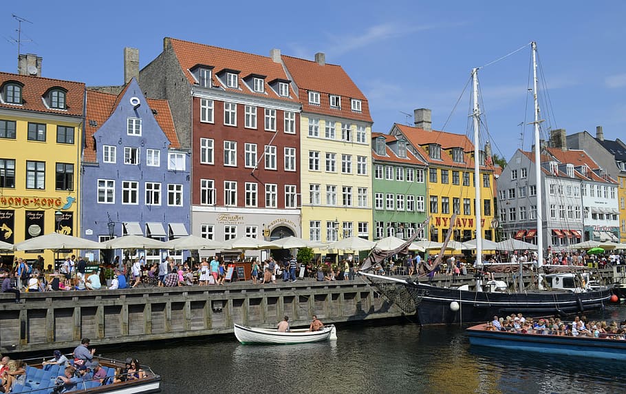 Copenhague, Nyhavn, turista, atração, Dinamarca, porto, navio, edifícios, verão, sol