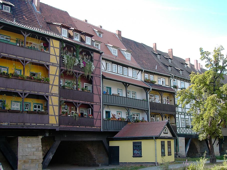 townhouses, long bridge, rear view, back yard idyll, historic flair, erfurt, thuringia germany, building exterior, architecture, built structure