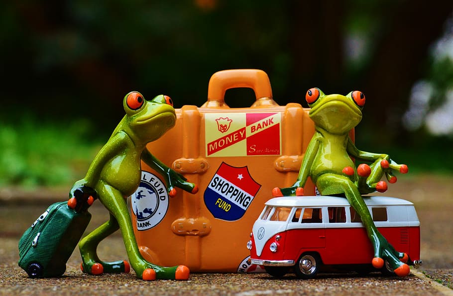 two, green, frogs, sitting, bus, holding, luggage figures, Frog, Travel, Holiday, Fun