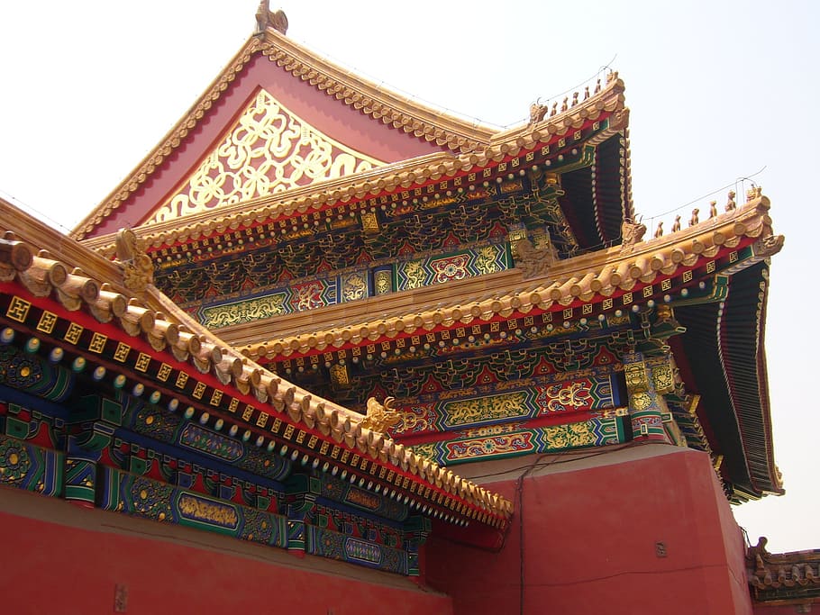 красный, разноцветный, храм пагоды, дневное время, Китай, Главная, Крыша, Пекин, азия, архитектура