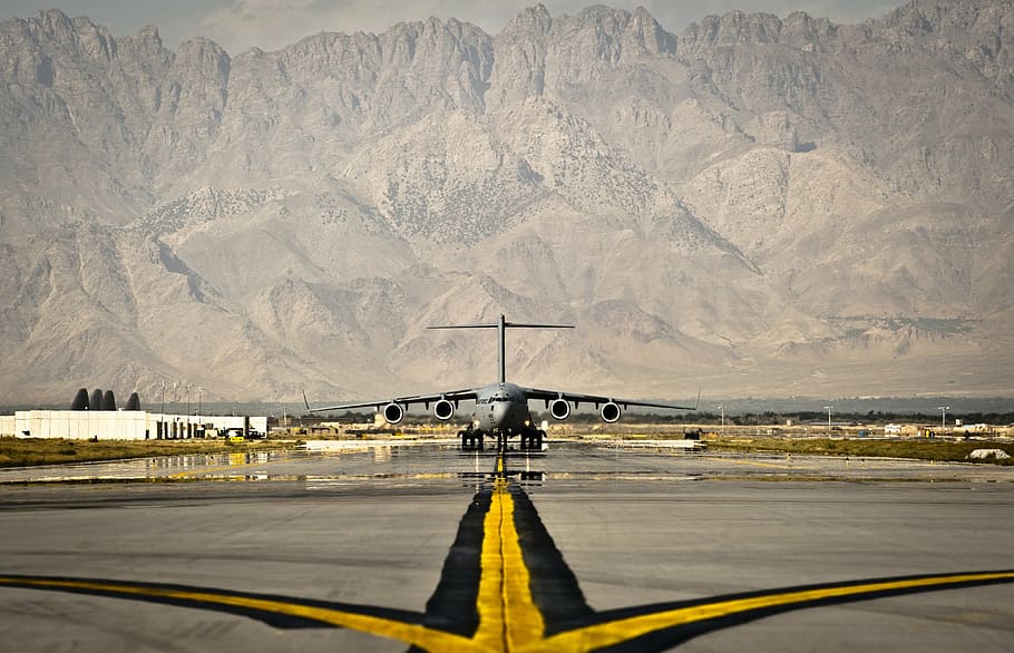 gray airplane, afghanistan, air base, aircraft, plane, runway, takeoff, mountains, outside, air force