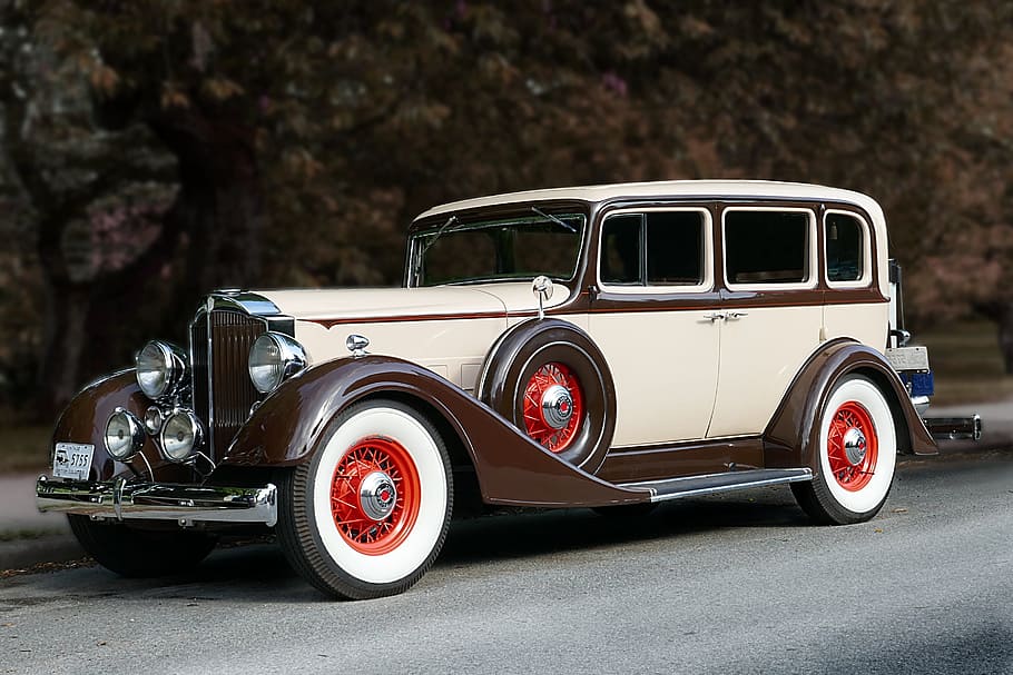 vintage, white, brown, car, road, packard, 1934, classic, auto, antique