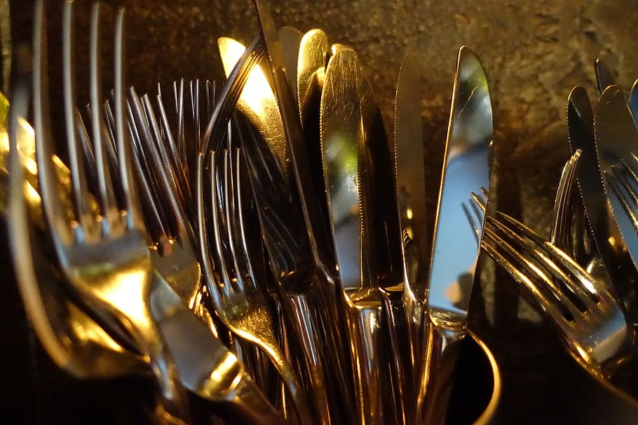 cutlery, forks, knives, restaurant, servant, serving, food, dinner, dining out, gold colored