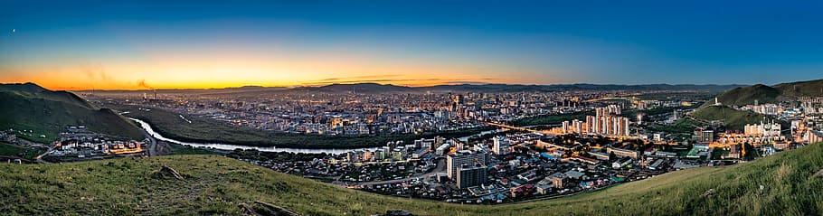 paisagem, panorama, ao entardecer, capital da mongólia, vista panorâmica, ulaanbaatar, arquitetura, céu, exterior do edifício, construção