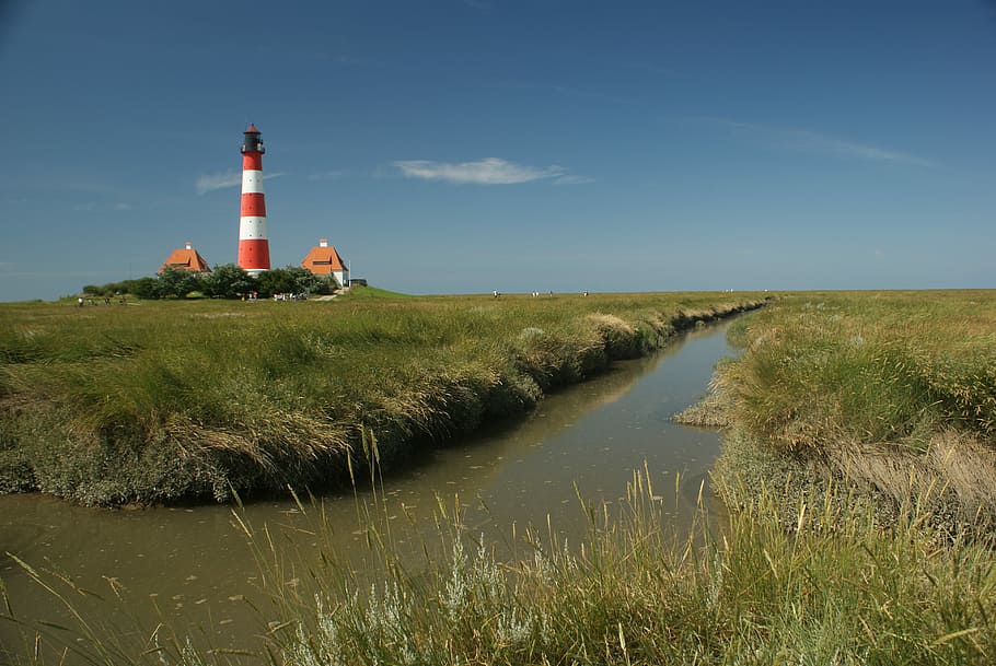 Lighthouse, North Sea, Westerhever, intertidal zone, daymark, national park, nordfriesland, tower, water, built structure