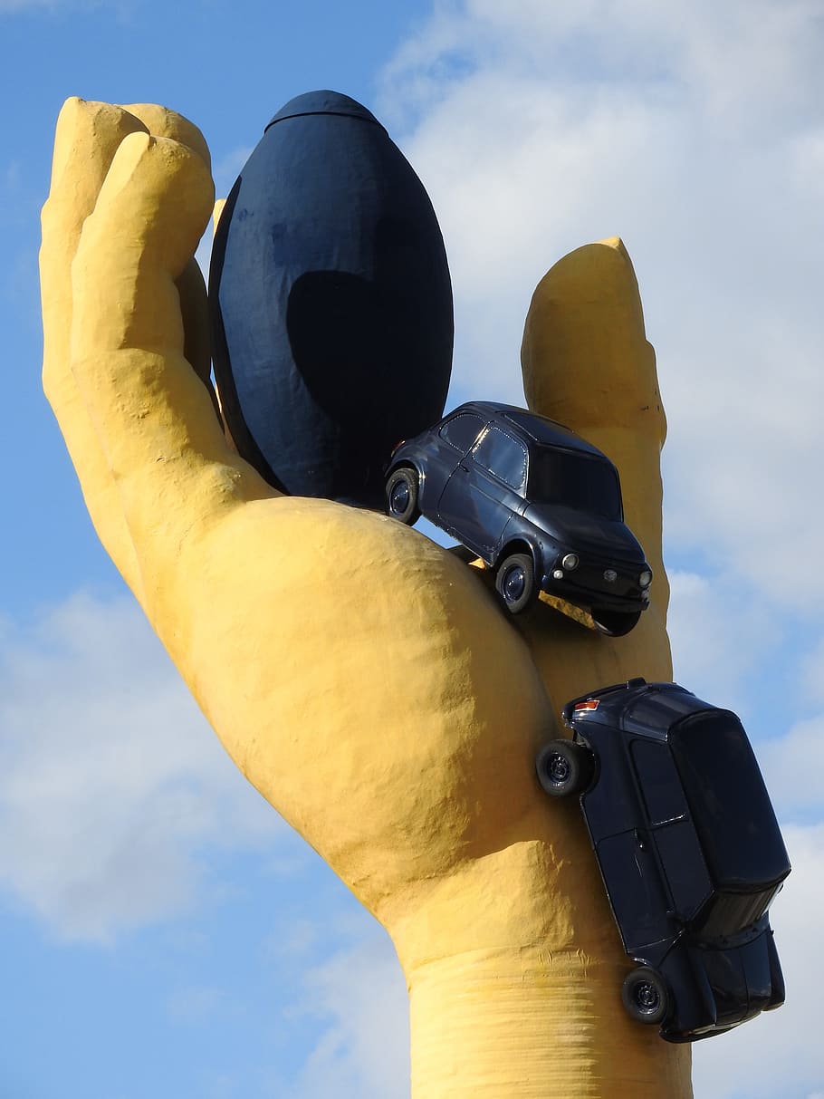 rond point, châtellerault, pila, yellow hand, sculpture, car, roundabout, sky, yellow, low angle view