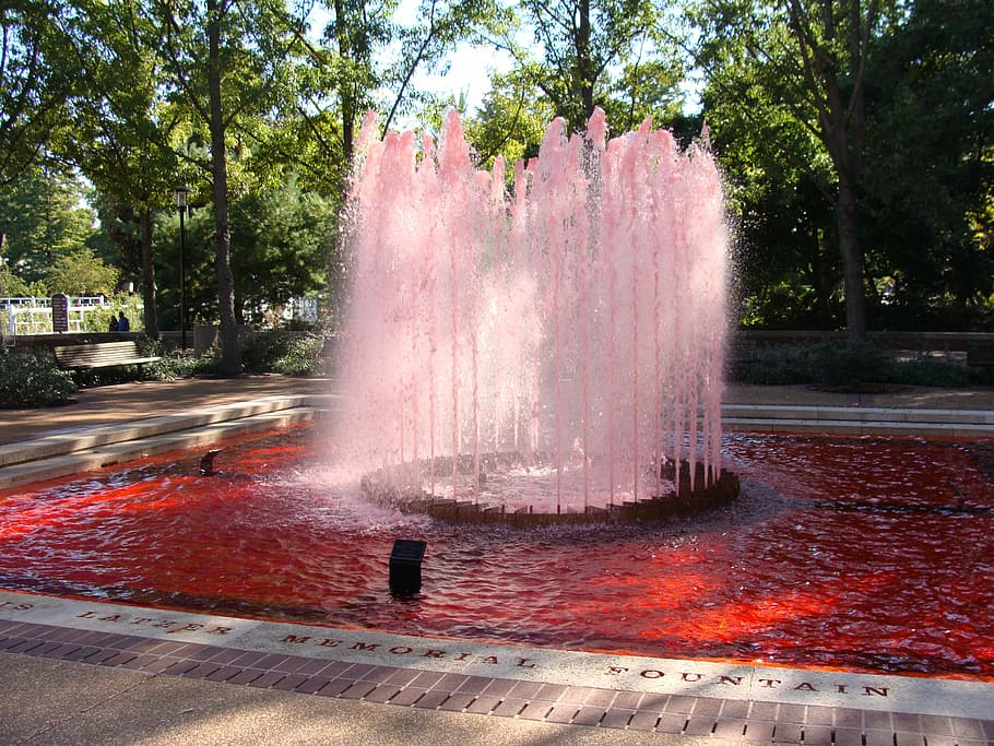 fountain, red fountain, saint louis, botanical garden, tree, water, plant, motion, nature, day