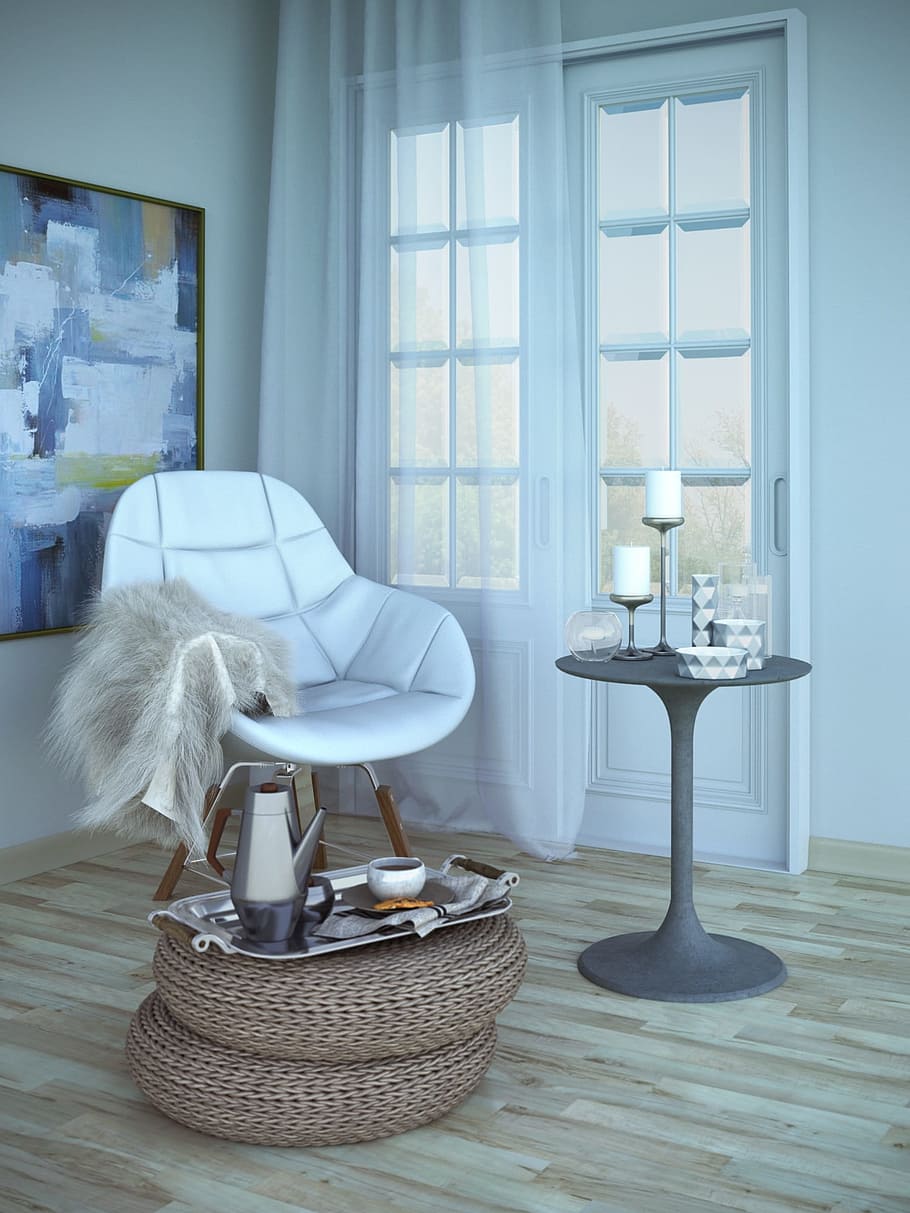 white, leather chair, closed, wooden, door, interior, house, comfort, design, design project
