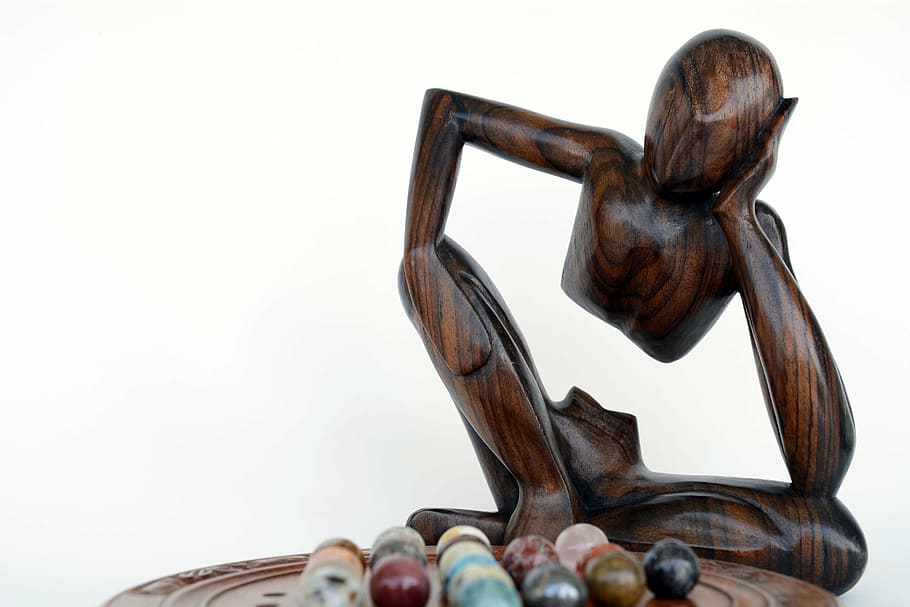 brown, human, statue, marble ball toy collection, thinker, at a loss, consider, play, question mark, holzfigur