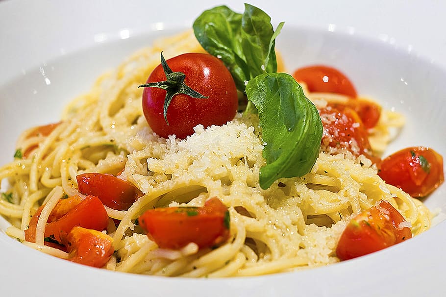 pasta, cherry, tomatoes, parmesan cheese, food, plate, spaghetti, dish, dinner, lunch