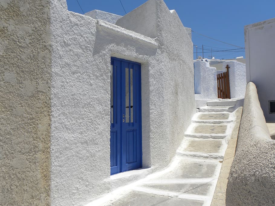 blue, wooden, door, staircase, santorini, sea, greece, stairs, home, lime whitewash