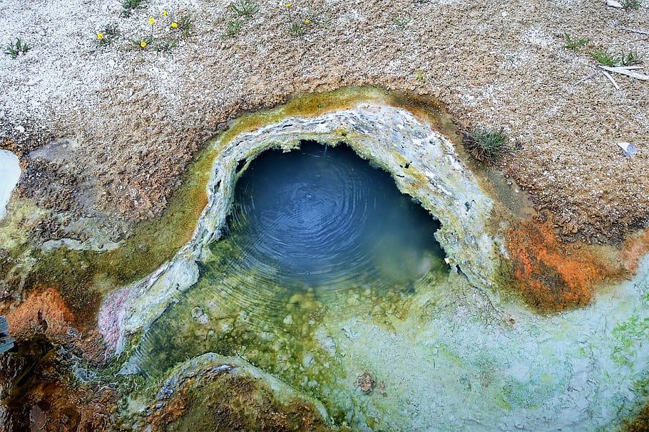 colorful, thermal pool, yellowstone, hiking, wyoming, blue, orange, water, rock, rock - object