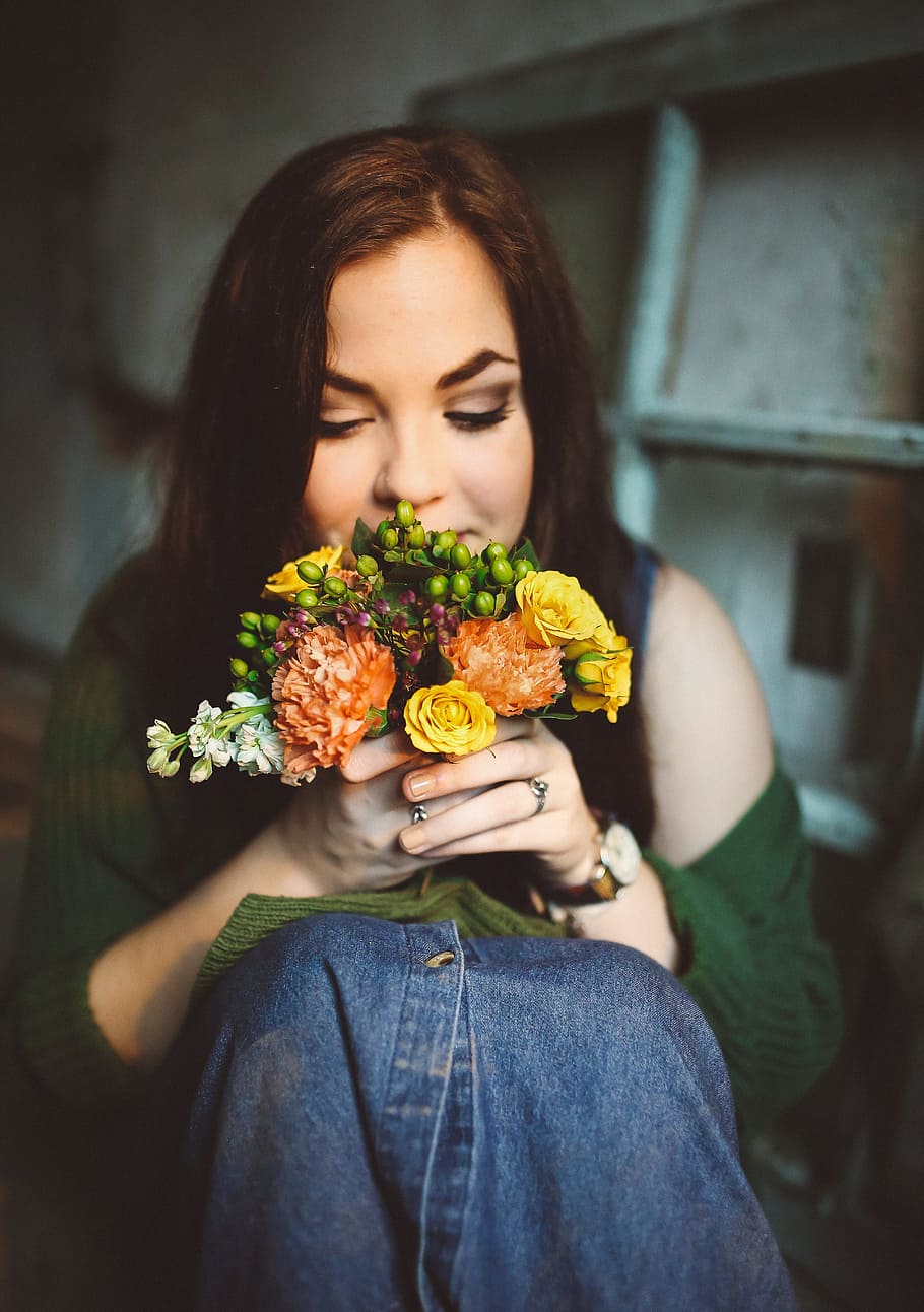 closeup, photography, woman, smelling, bouquet, flowers, female, sitting, face, girl