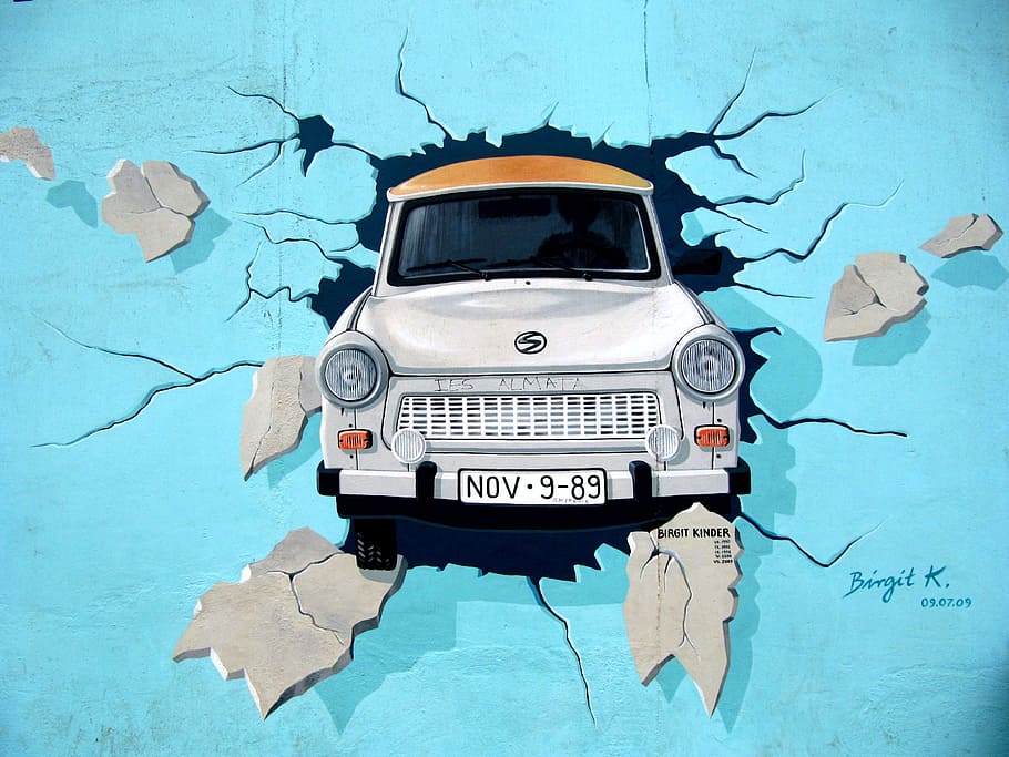 blanco, ilustración de camioneta, graffiti, muro de berlín, pared, trabi, auto, avance, dom, vehículo