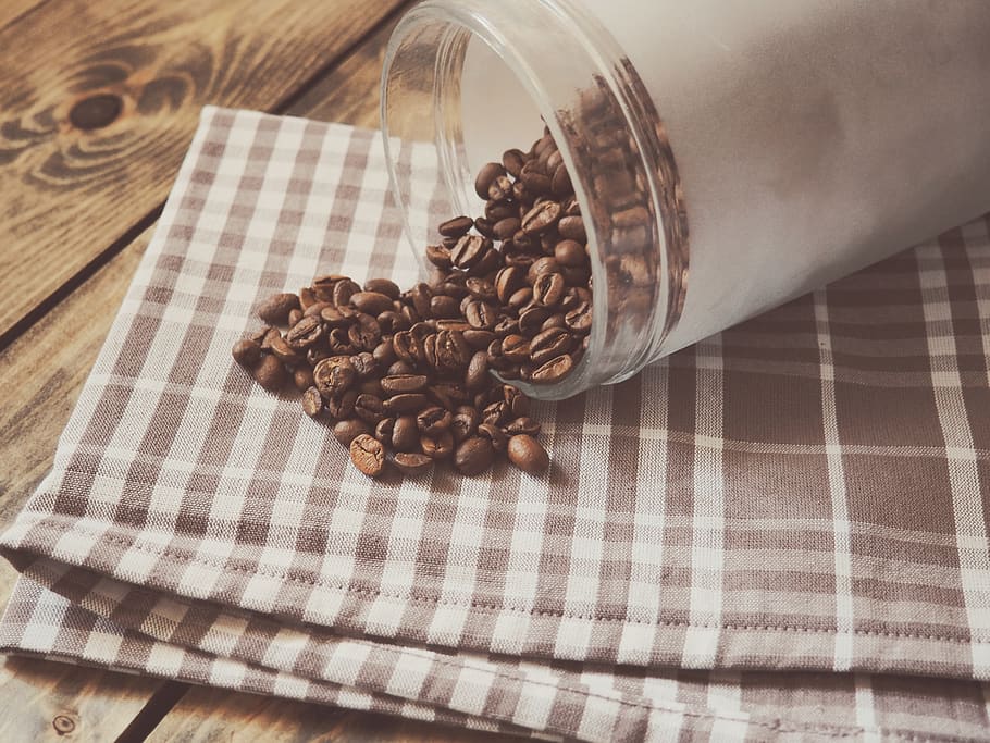 coffee, beans, table cloth, wood, food and drink, food, still life, table, roasted coffee bean, indoors
