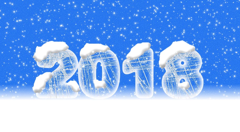 2018 text overlay, blue, background, number, 2018, frozen, logo, snow, computer graphics, font