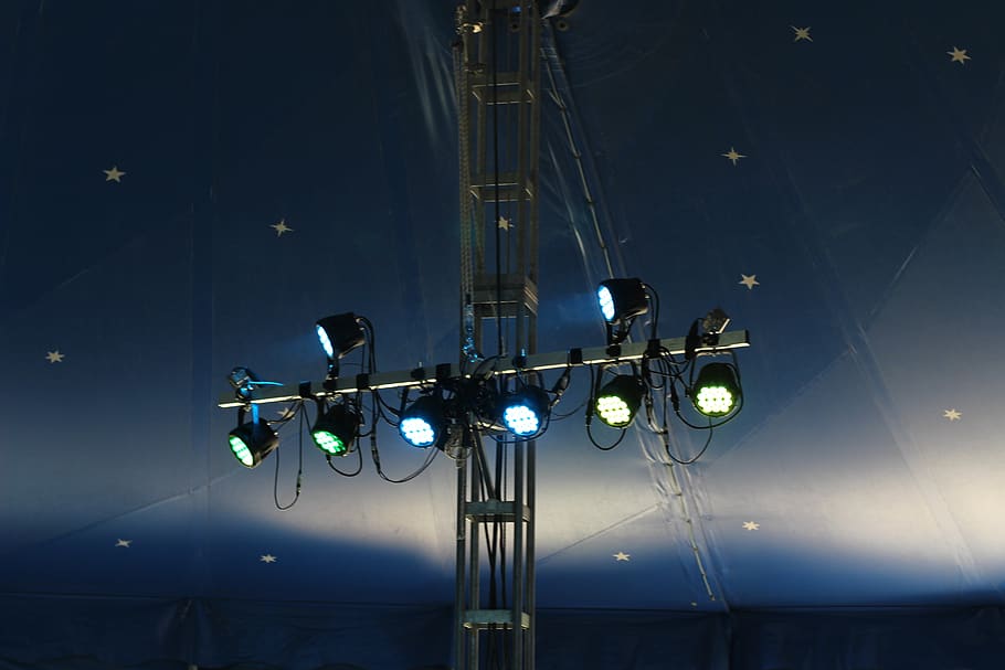 circus, circus tent, blue, lighting, tent, illuminated, low angle view, lighting equipment, night, transportation