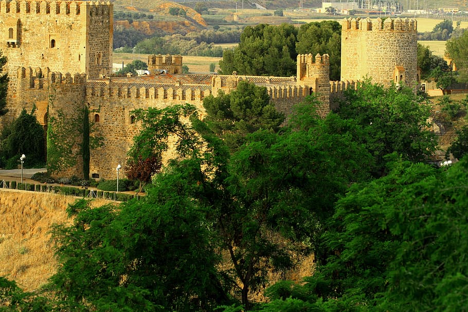 toledo spain, wall, medieval, fortress, towers, bridge, river, exterior, landscape, outdoor