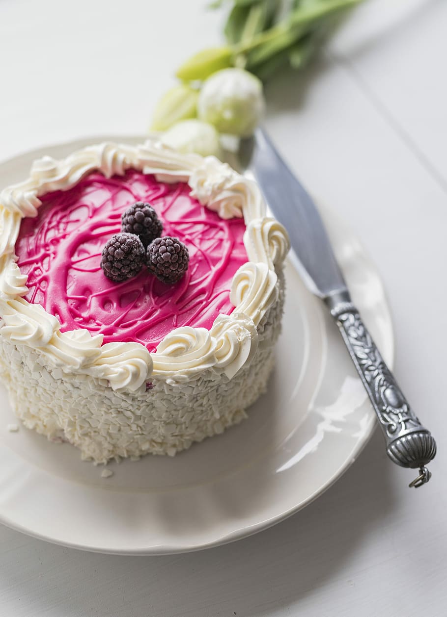 silver cake knife, dessert, cake, cream, food, disk, flower, pastry, fruit, celebration