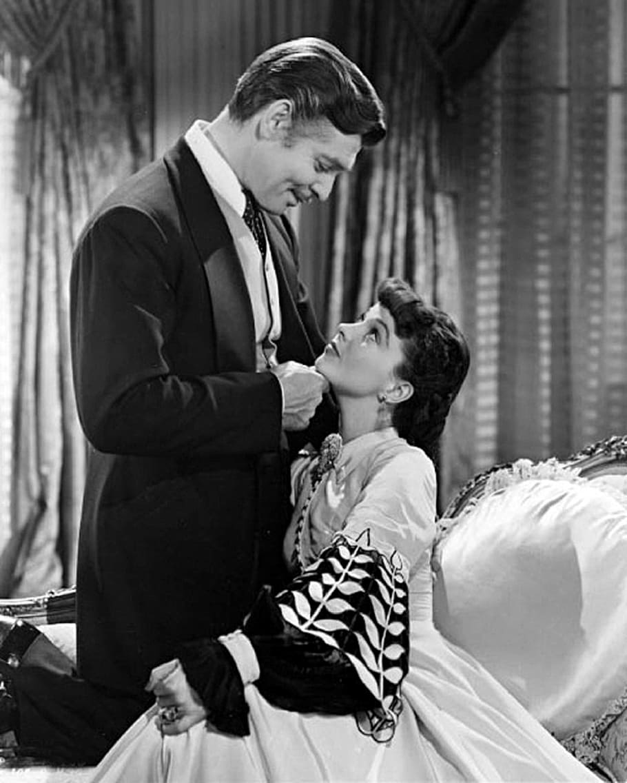 male, holding, chin, woman, curtain, clark gable, vivien lee, actor, actress, stars