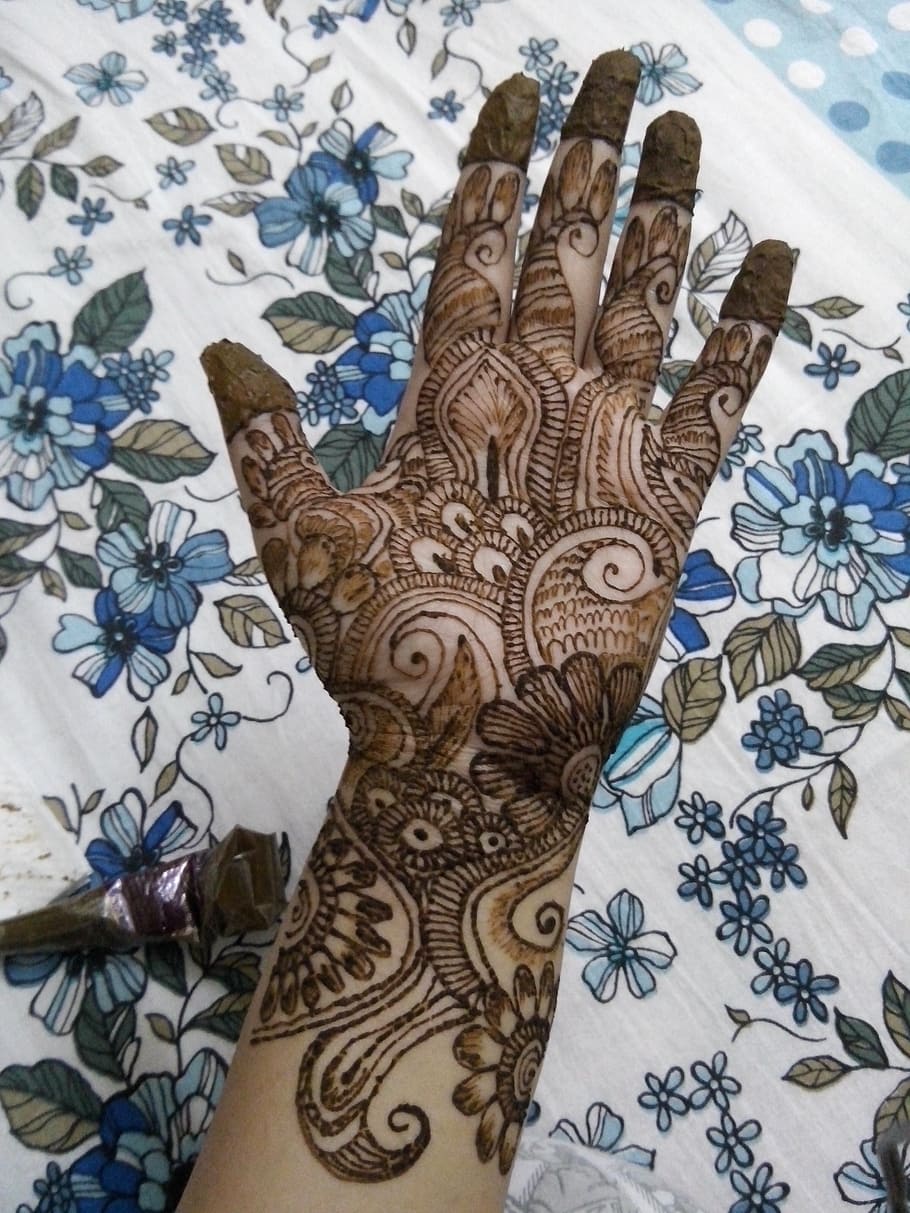 person, showing, brown, floral, bridal, mehndi, mehendi, henna, traditional, tattoo
