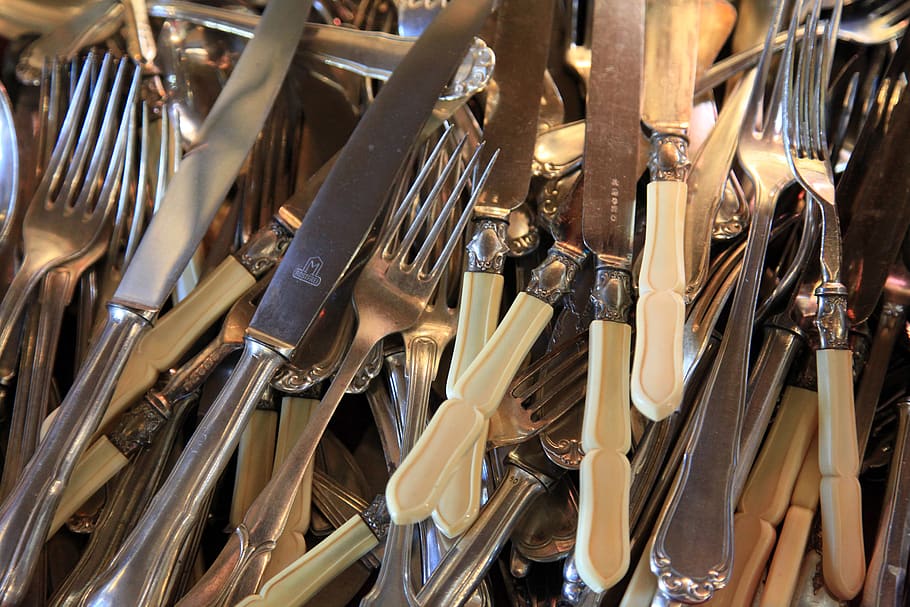 alat makan, pisau, set alat makan, Perak, dipoles, sendok garpu perak, antik, sendok garpu panel, merapatkan, garpu