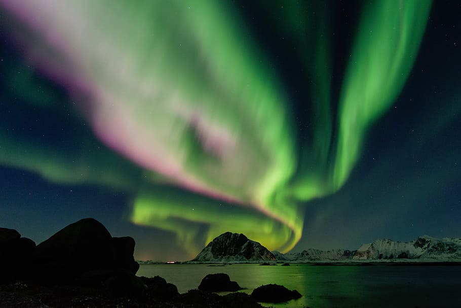 fotografi, aurora borealis, alam, lanskap, pegunungan, utara, lampu, hijau, langit, merah muda