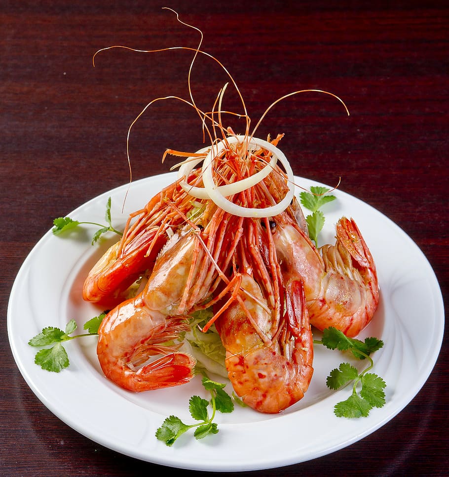 fried, shrimps, plate, food, korean cuisine, braised tiger prawns, nutrition, tasty, restaurant, for gourmets