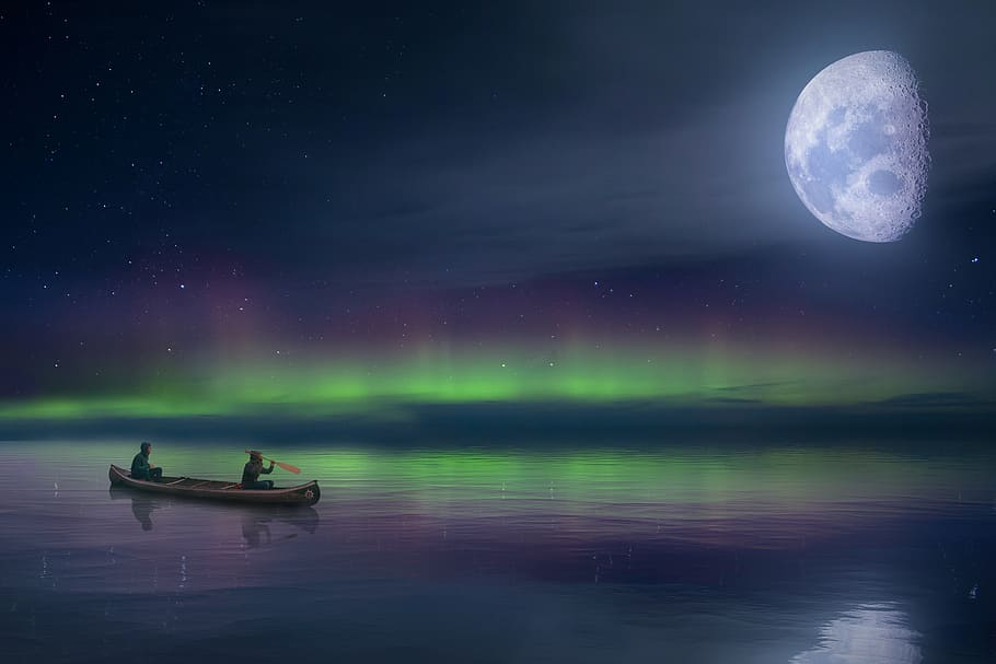 lanskap, laut, aurora borealis, langit, awan, bulan, refleksi, fantasi, barca, malam