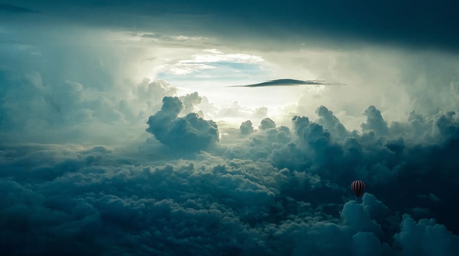 balão de ar quente, nuvens, compondo, voador, aventura, aeronauta, aeronáutica, reverência, pôr do sol, tempestade