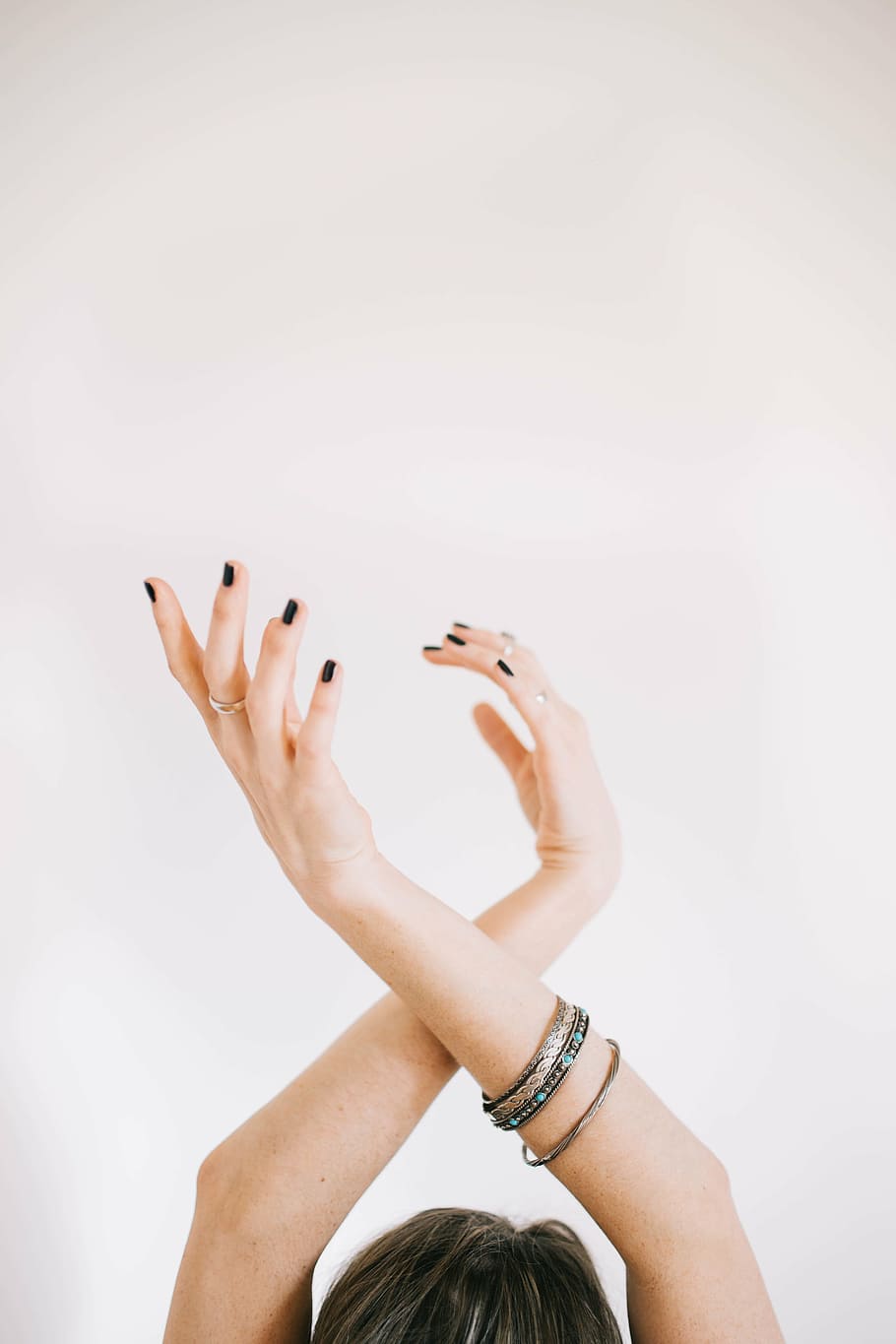 woman, crossing, arms, head, black, manicure, wearing, bangles, people, arm