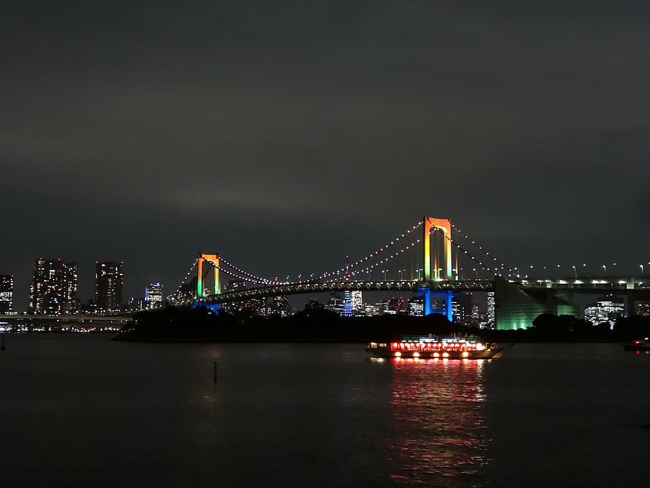 ferry maneuvering, bridge, night time, japan, coast, odaiba, rainbow, suspension bridge, tokyo, sea