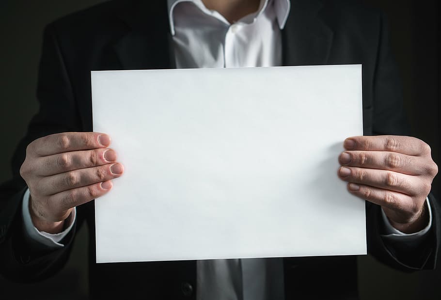 person, holding, white, printing paper, paper, hand, business, card, man, suit
