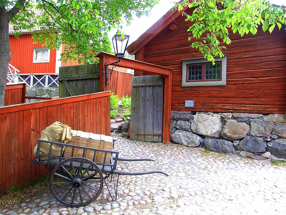 Estocolmo, Skansen, Pueblo, rojo, campo, arquitectura, madera - Material, antiguo, al aire libre, casa